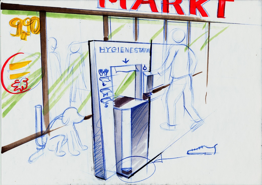 Design Hygiene Display , Hygienestation, Schutzkonzept für den Einzelhandel, Detailhandel, Schutzhandschuhe, Desinfektion, Corona Virus