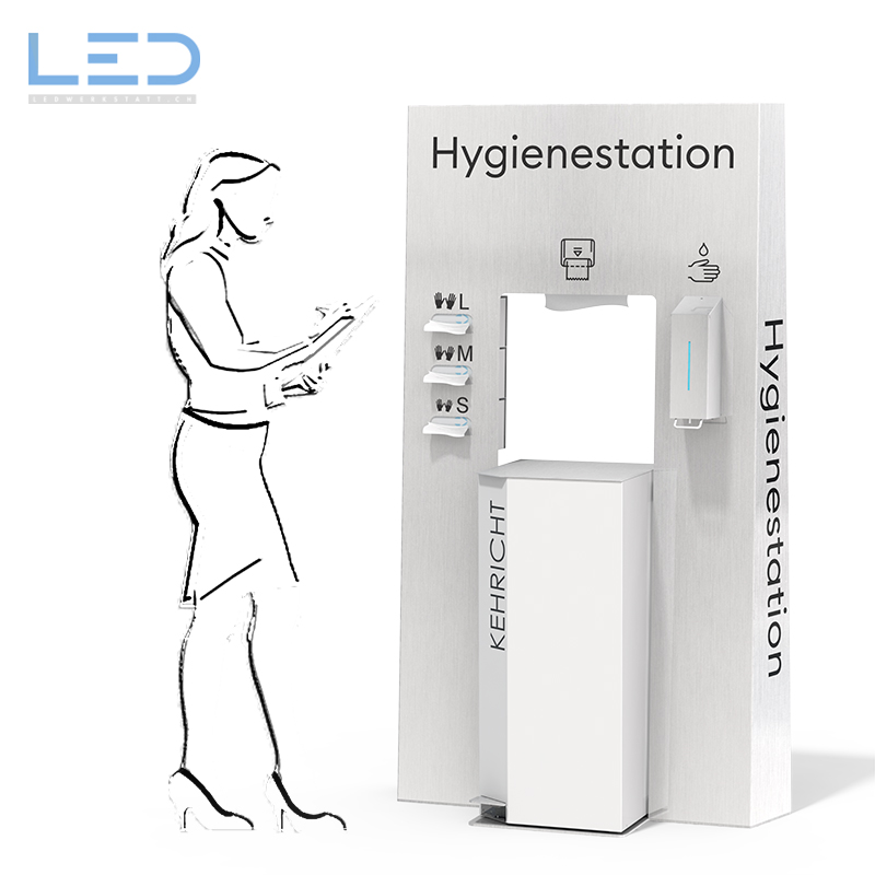 Hygienewand, Hygienestation, Schutzkonzept für den Einzelhandel, Detailhandel, Schutzhandschuhe, Desinfektion, Papiertücher, Corona Virus